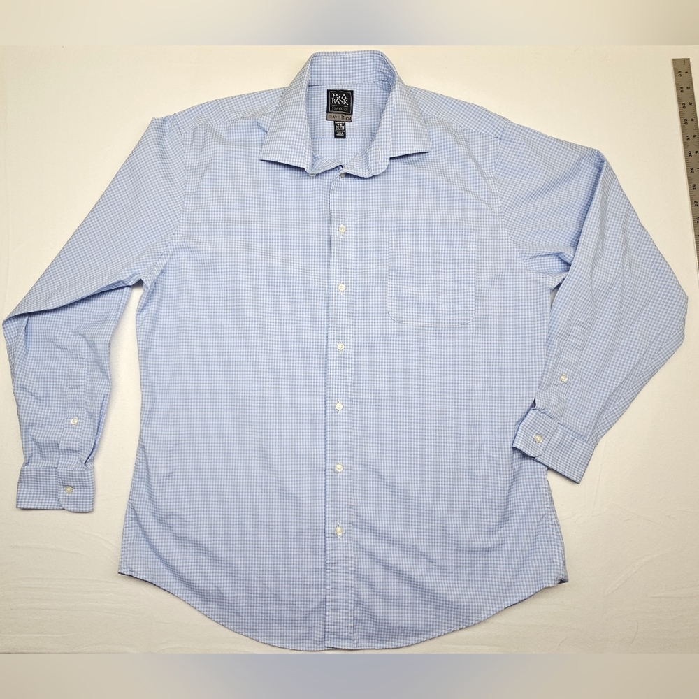 Jos A Bank Traveler Travel Tech Blue Check Dress Shirt Tailored Fit‎